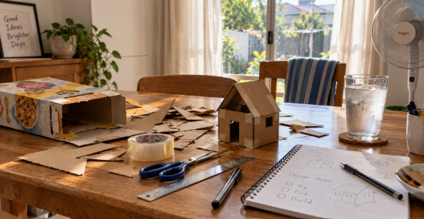 A half-finished cardboard project on a dining table with a fan and bright summer light outside