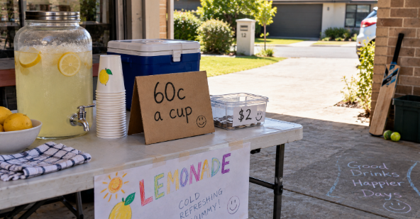 A lemonade stand set up in the shade of a driveway with a jug, cups and a handwritten price sign 