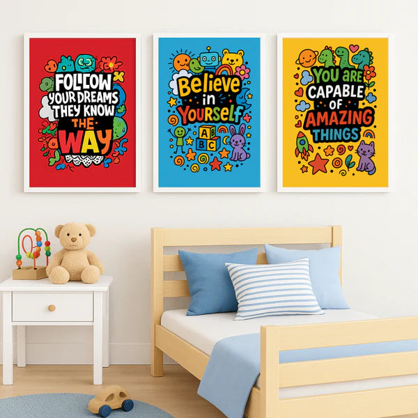 Bright Vibes wall frames in a kids room